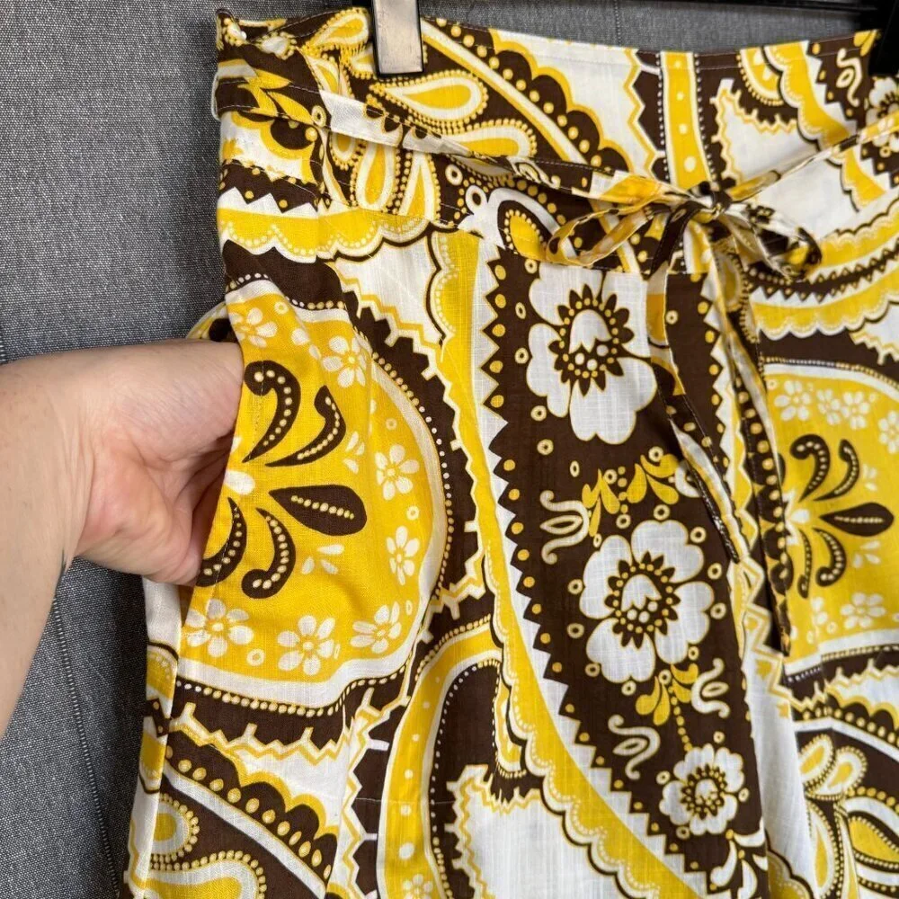 Vintage Talbots Yellow BrownPaisley Print A line Midi Skirt Plus Size 14 Petite
